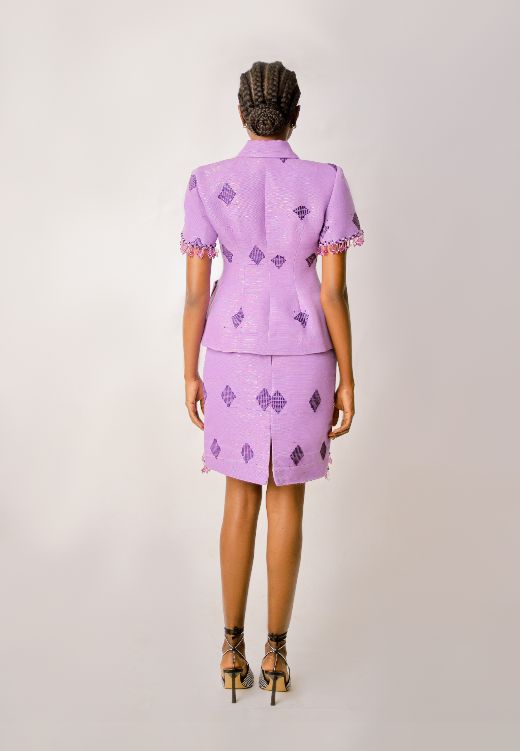 Luxury African pencil skirt amethyst purple beaded hem