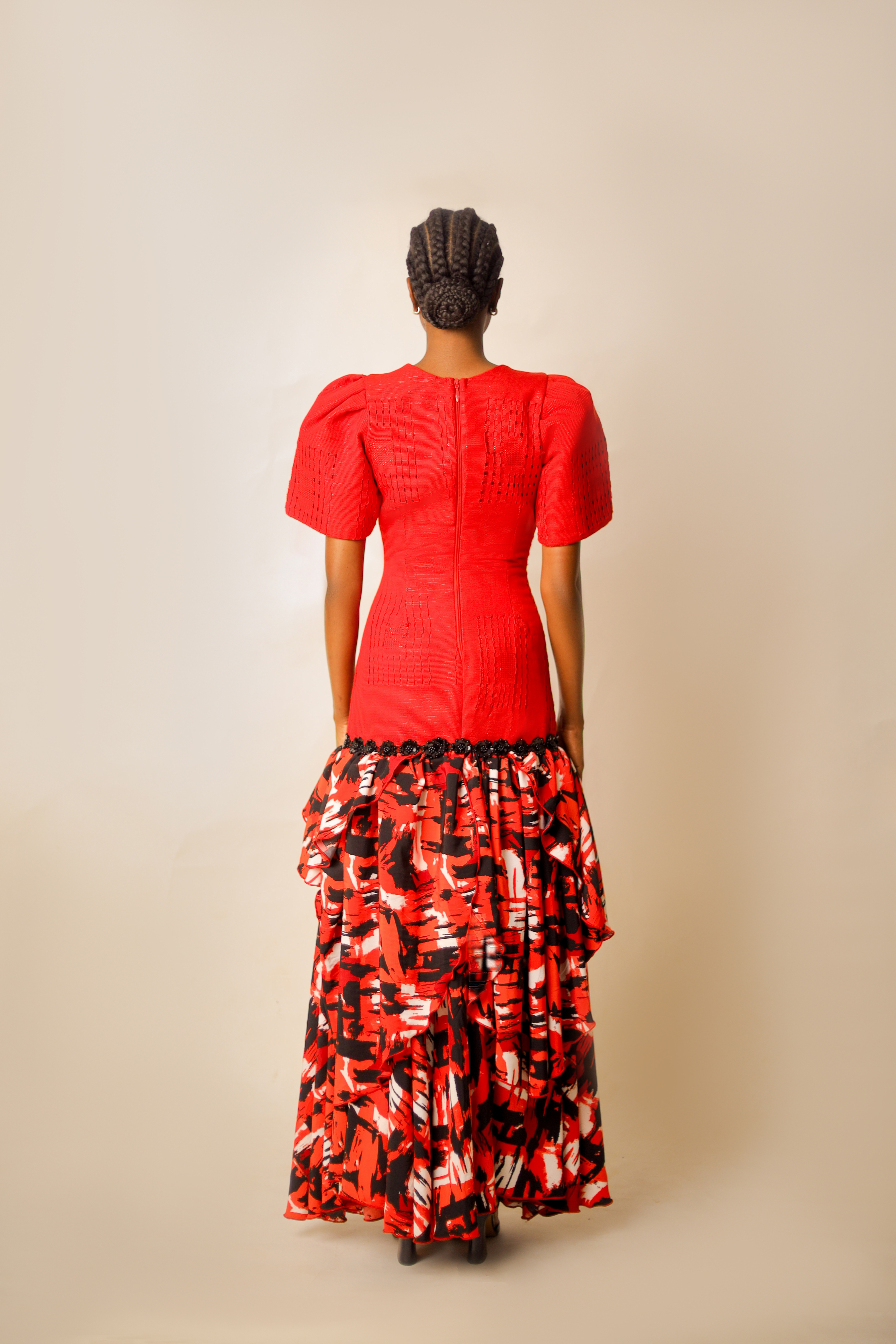 Luxury African tiered dress red with floral appliqué ASAABA