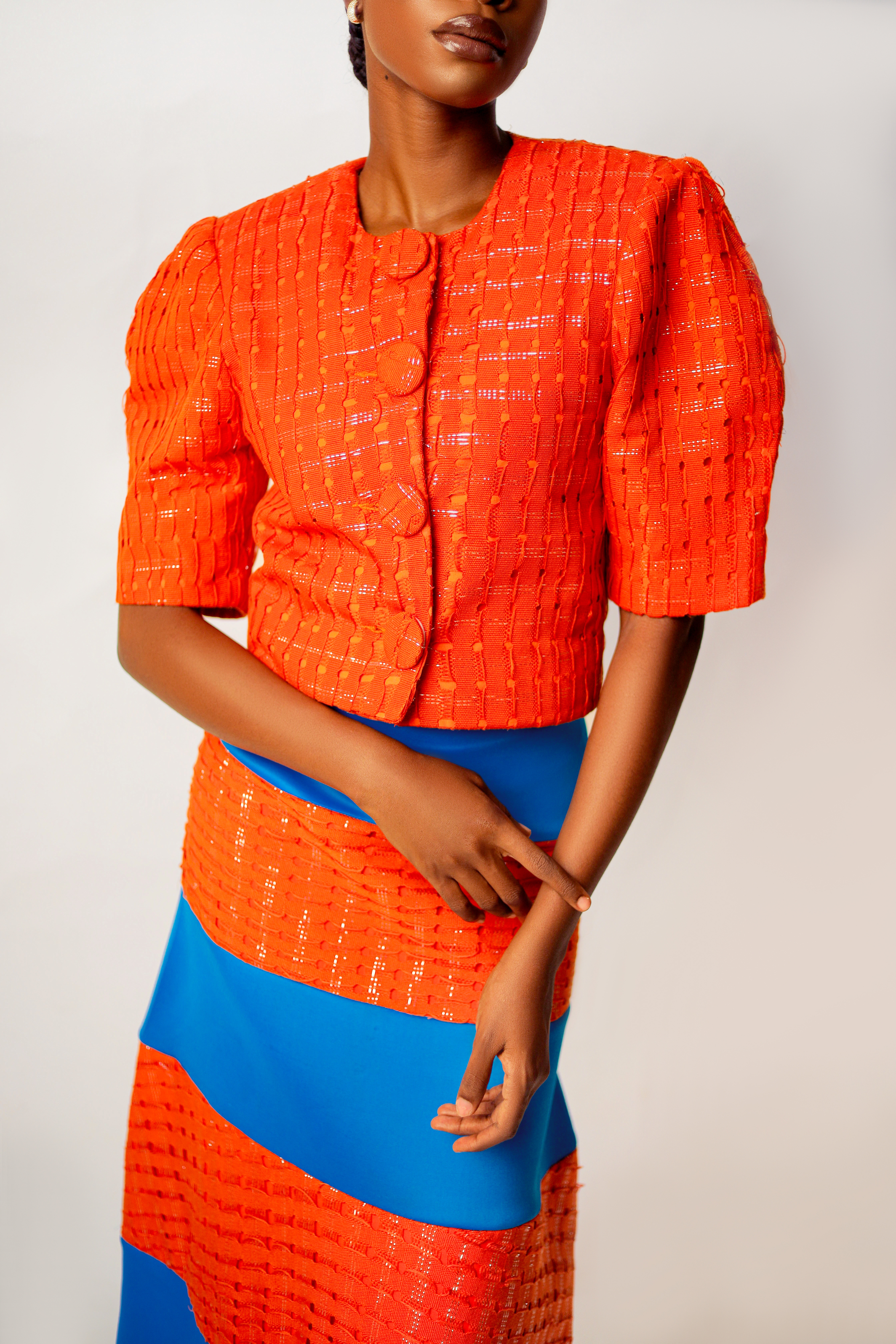 Luxury African cropped jacket persimmon Akwa Ocha ASAABA