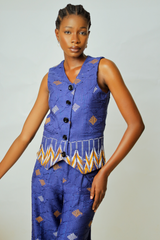 Luxury African vest imperial blue geometric motif ASAABA
